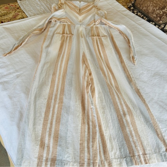 Anthropologie Savannah Jumpsuit Stripe Linen Tan White Neutral Wide Crop Leg 14 - Picture 10 of 16